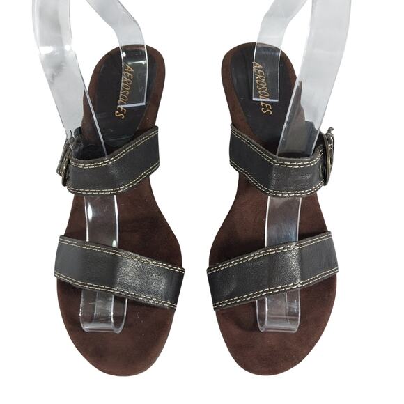 AEROSOLES! ESPRESSO BROWN GENUINE LEATHER CONTRAST STITCHED SANDALS! SZ 7M - Picture 4 of 11